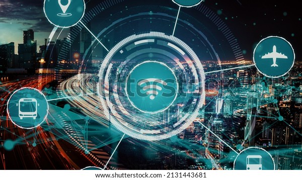 Smart transport technology concept for future car\
traffic on newish city road . Virtual intelligent system makes\
digital information analysis to connect data of vehicle on city\
street .