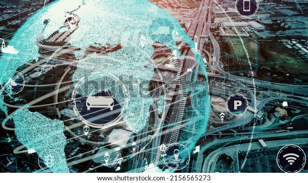 Smart transport technology concept for future car\
traffic on newish city road . Virtual intelligent system makes\
digital information analysis to connect data of vehicle on city\
street .
