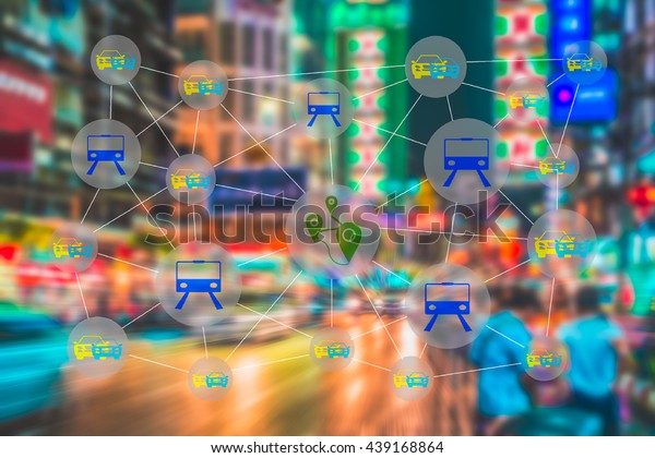 Smart\
transportation concept. Sharing economy and collaborative\
consumption. Car , train and GPS icons connected together against\
abstract city street light\
background.