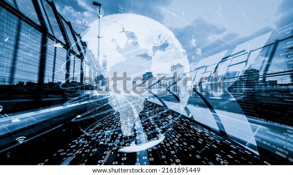 Smart transportation in tacit futuristic city with\
online traffic control system . Concept of smart digital\
transformation and technology disruption that changes global trends\
in new information era .