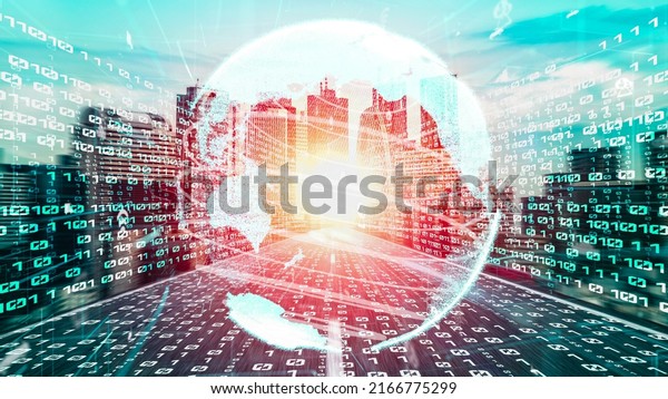 Smart transportation in tacit futuristic city with\
online traffic control system . Concept of smart digital\
transformation and technology disruption that changes global trends\
in new information era .