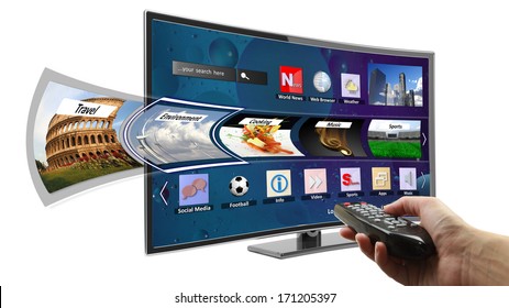 Smart Tv With Apps And Hand Holding Remote Control