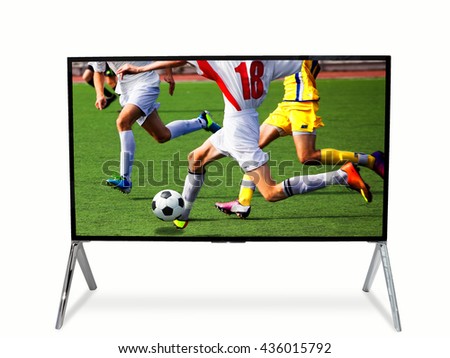 Smart tv led monitor isolated on white background. Soccer game. Telecasting