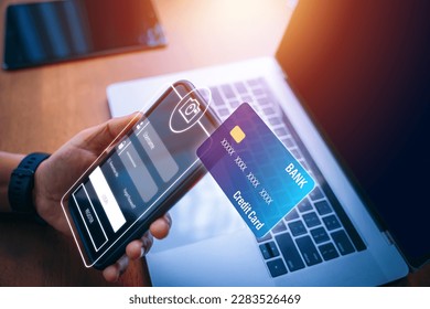 Smart wallet concept with credit or debit card payment application on smartphone screen. Security password locks the phone. The concept of mobile phones and personal data protection.
