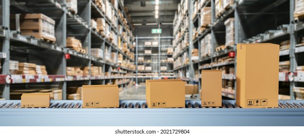 Smart Warehouse Management System Concept.Cardboard Boxes On Conveyor Rollers Ready To Be Shipped By Courier For Distribution In Warehouse.Huge Distribution Warehouse With High Shelves And Loaders.