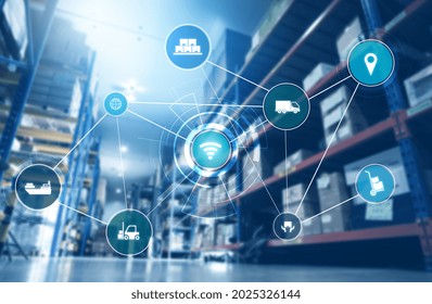 Smart Warehouse Management System With Innovative Internet Of Things Technology To Identify Package Picking And Delivery . Future Concept Of Supply Chain And Logistic Network Business .