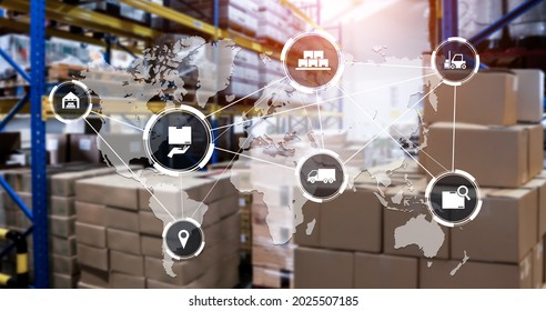 Smart warehouse management system with innovative internet of things technology to identify package picking and delivery . Future concept of supply chain and logistic network business . - Shutterstock ID 2025507185