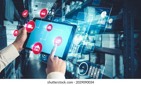 Smart warehouse management system with innovative internet of things technology to identify package picking and delivery . Future concept of supply chain and logistic network business . - Shutterstock ID 2029090034