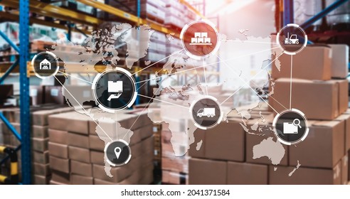 Smart warehouse management system with innovative internet of things technology to identify package picking and delivery . Future concept of supply chain and logistic network business . - Shutterstock ID 2041371584