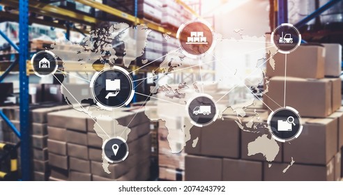 Smart warehouse management system with innovative internet of things technology to identify package picking and delivery . Future concept of supply chain and logistic network business . - Shutterstock ID 2074243792