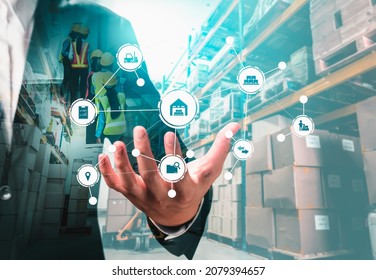 Smart warehouse management system with innovative internet of things technology to identify package picking and delivery . Future concept of supply chain and logistic network business . - Shutterstock ID 2079394657