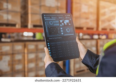 Smart warehouse management system for real time monitoring products storage shipping.  Computer logistics screen showing inventory dashboard stock control software. - Shutterstock ID 2271922631