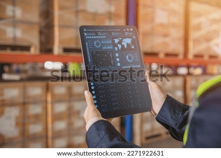Smart warehouse management system for real time monitoring products storage shipping.  Computer logistics screen showing inventory dashboard stock control software.