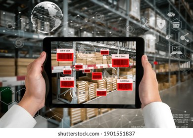 Smart warehouse management system using augmented reality technology to identify package picking and delivery . Future concept of supply chain and logistic business .