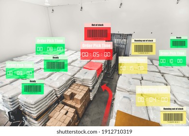 Smart warehouse management system using augmented reality technology to identify package picking and delivery . Future concept of supply chain and logistic business .