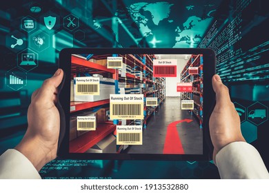 Smart warehouse management system using augmented reality technology to identify package picking and delivery . Future concept of supply chain and logistic business .