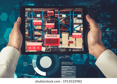 Smart warehouse management system using augmented reality technology to identify package picking and delivery . Future concept of supply chain and logistic business .