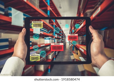 Smart warehouse management system using augmented reality technology to identify package picking and delivery . Future concept of supply chain and logistic business .