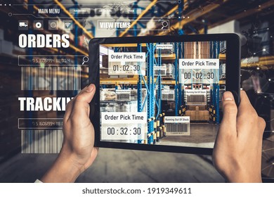 Smart warehouse management system using augmented reality technology to identify package picking and delivery . Future concept of supply chain and logistic business .