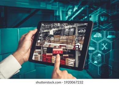 Smart warehouse management system using augmented reality technology to identify package picking and delivery . Future concept of supply chain and logistic business .