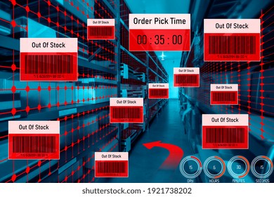 Smart warehouse management system using augmented reality technology to identify package picking and delivery . Future concept of supply chain and logistic business .