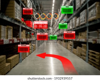 Smart warehouse management system using augmented reality technology to identify package picking and delivery . Future concept of supply chain and logistic business .