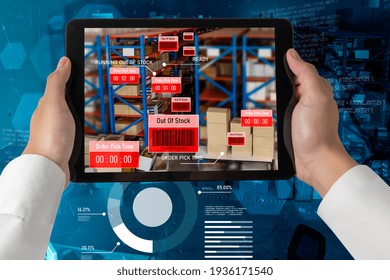 Smart warehouse management system using augmented reality technology to identify package picking and delivery . Future concept of supply chain and logistic business .
