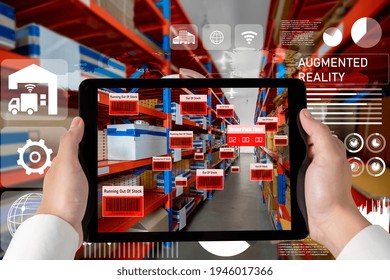 Smart warehouse management system using augmented reality technology to identify package picking and delivery . Future concept of supply chain and logistic business .