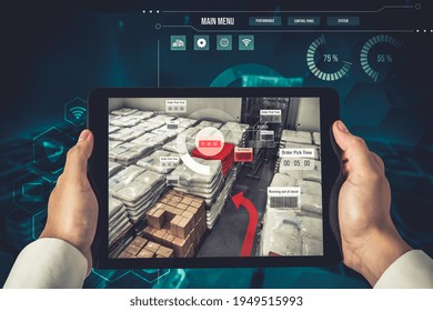 Smart warehouse management system using augmented reality technology to identify package picking and delivery . Future concept of supply chain and logistic business .