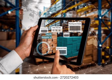 Smart warehouse management system using augmented reality technology to identify package picking and delivery . Future concept of supply chain and logistic business .