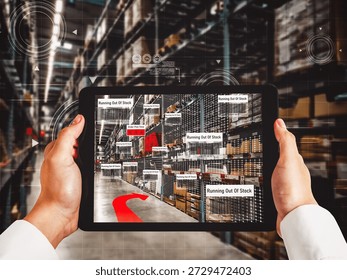 Smart warehouse management system using augmented reality technology to identify package picking and delivery . Future concept of supply chain and logistic business .