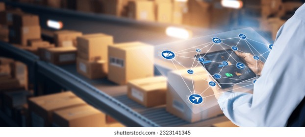 Smart Warehouse,Inventory management system concept.Manager using digital tablet,showing warehouse software management dashboard on blurred warehouse as background