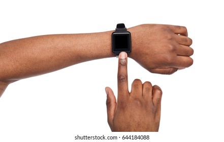 Smart Watch At Black Male Hand, White Background Cutout. Smartwatch - Modern Digital Gadget With Empty Display, Copy Space