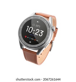 Smart watch with display on. Fashion watch with leather strap.