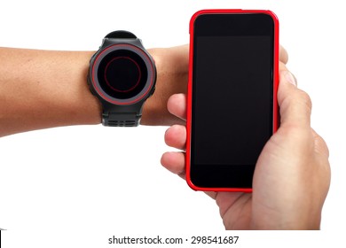Smart watch on hand  synchronize data with smart phone