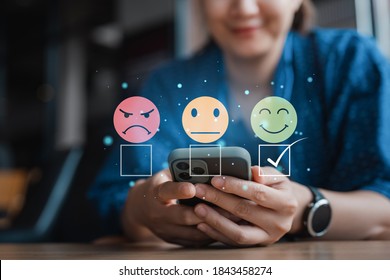 Smart Woman Use Smartphone Choosing Green Happy Smile Face Icon. Feedback Rating And Positive Customer Review Experience, Satisfaction Survey. Mental Health Assessment. World Mental Health Day Concept