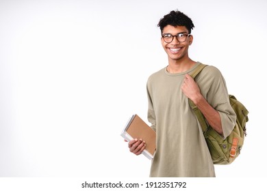 Smart young african student with bag and books isolated over white background