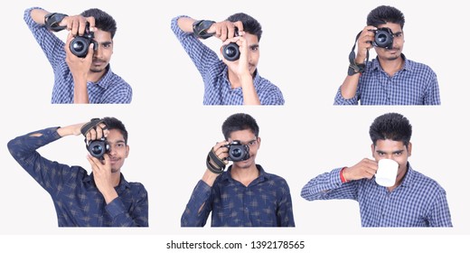 smart young boy posing with camera and taking coffee