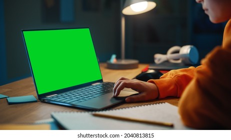 Smart Young Boy Researching Homework on Laptop Computer with Green Screen Display. Teenager Browsing Educational Research, Studying School Material. - Powered by Shutterstock