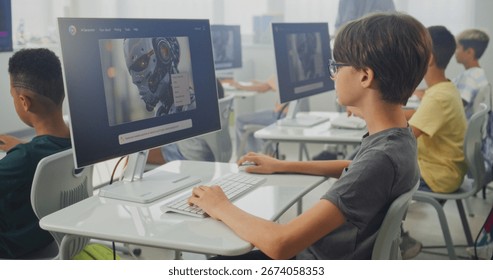 Smart Young Boy Using Computer, Creating Digital Illustration in AI Image Generator. Elementary School Children Learning Artificial Intelligence During Digital Art Lesson. STEM Education. Static Shot.
