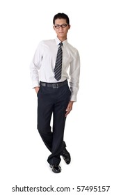 Smart Young Business Man, Full Length Portrait Of Asian Isolated On White Background.