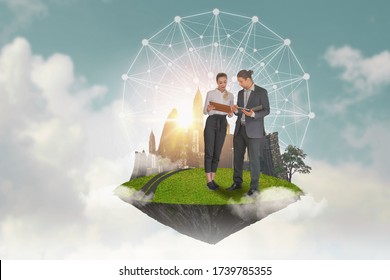 Smart Young Business Man And Business Woman Discuss,standing On Green Island With Cityscape Floating In Air,sky Background,abstract Business And Investment Concepts,with Modern Technology And Network 