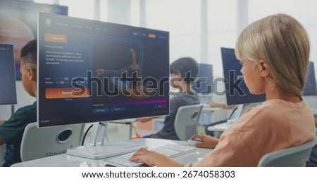 Smart Young Girl Using Computer, Creating Project in AI Video Generator. Elementary School Children Learning Artificial Intelligence During Digital Art Lesson. Interactive STEM Education. Static Shot.