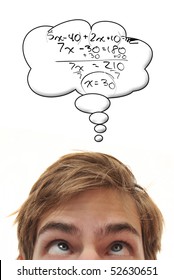 Smart Young Male White Caucasian Student Solves A Complex Algebra Math Problem, Right In His Head