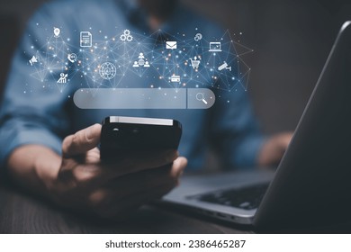Smartphone with Advanced communication and global internet network connection, Concept of future 5G wireless digital connecting and social media networking.