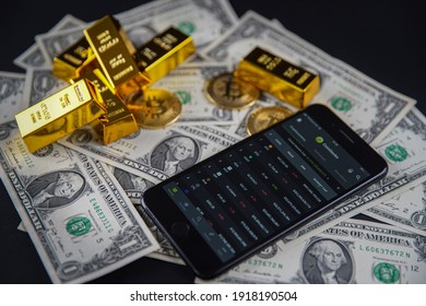 Smartphone application. CoinGecko logo on phone screen close up. On the table in the background American money, bitcoin and shiny gold bars. Budapest, Hungary - February 10, 2021 