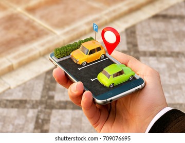 Smartphone application for online searching free parking place on the map. GPS Navigation. Parking concept.