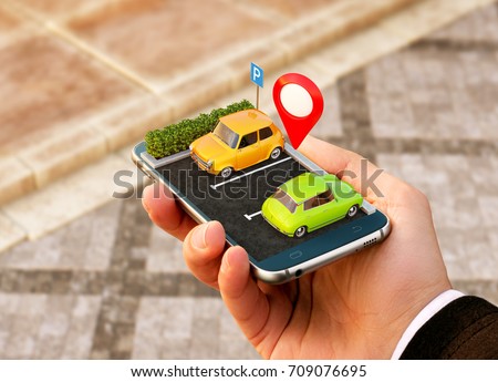 Smartphone application for online searching free parking place on the map. GPS Navigation. Parking concept.