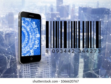 Smartphone and bar code in front of digital background