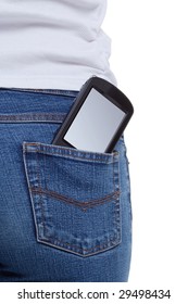 Smartphone with blank screen sticking out of the back pocket in a females jeans, clipping path for the screen to add your own text or image.